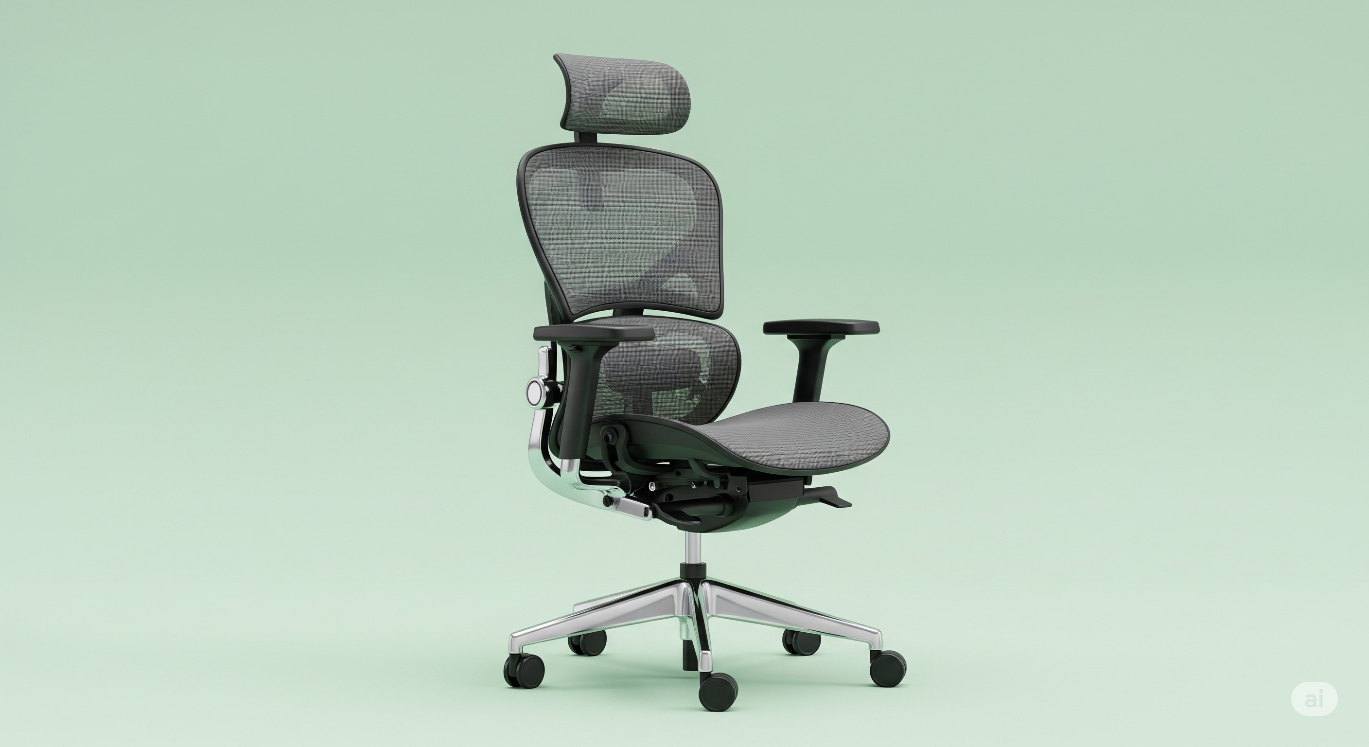 Uma cadeira de escritório ergonômica com design moderno em preto e cinza, com detalhes cromados. A cadeira está centralizada contra um fundo liso em tom pastel de verde menta, com iluminação clara e uniforme que destaca suas características.