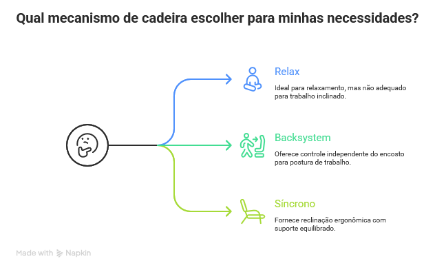 infográfico mostrando qual mecanismo de encosto é o mais ideal: relax, backsystem ou síncrono