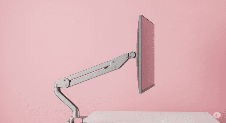 Um suporte de monitor articulado, de cor prateada, segura um monitor de tela plana. O fundo é de uma cor rosa pastel sólida.