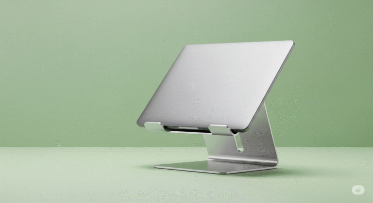 Um suporte de notebook minimalista, em alumínio escovado, a segurar um portátil aberto. O fundo é de uma cor verde pastel suave e sólida.